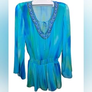 Vibrant Boston Proper Blue and Green Blouse with Beaded Neckline 100% Viscose